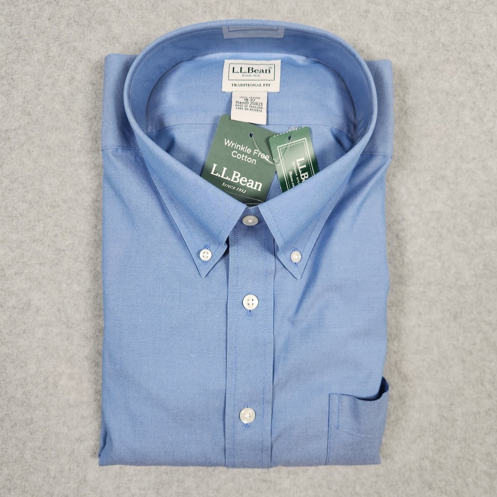 LL Bean Shirt Mens 18 37 Regular Blue Wrinkle Free Pinpoint Oxford Button Down